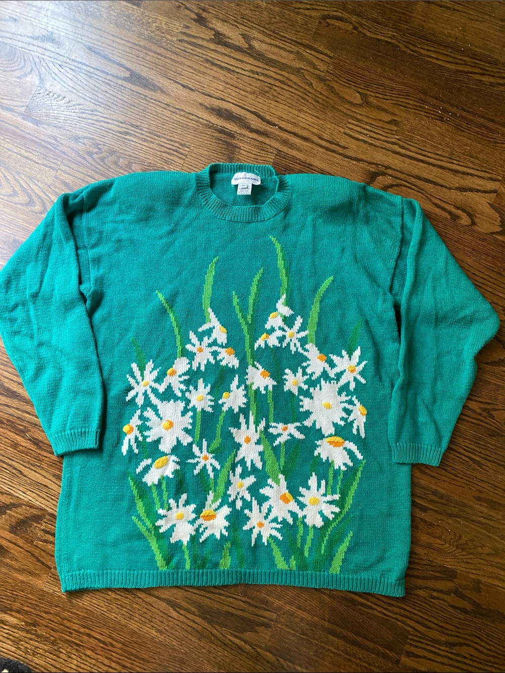 Vintage Flower Power 90s Suburbans Green Daisy Crewneck Sweater - Women